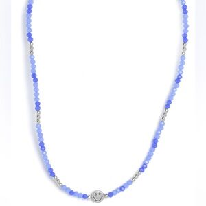 Blue Beaded Necklace with Silver Smiley Accent